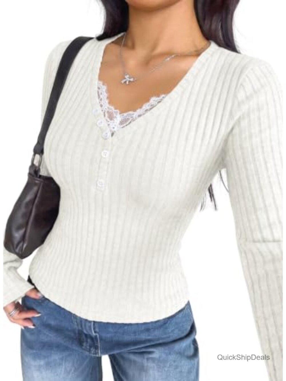 Falechay Womens V Neck Lace Trim Button Fitted Long Sleeve Top